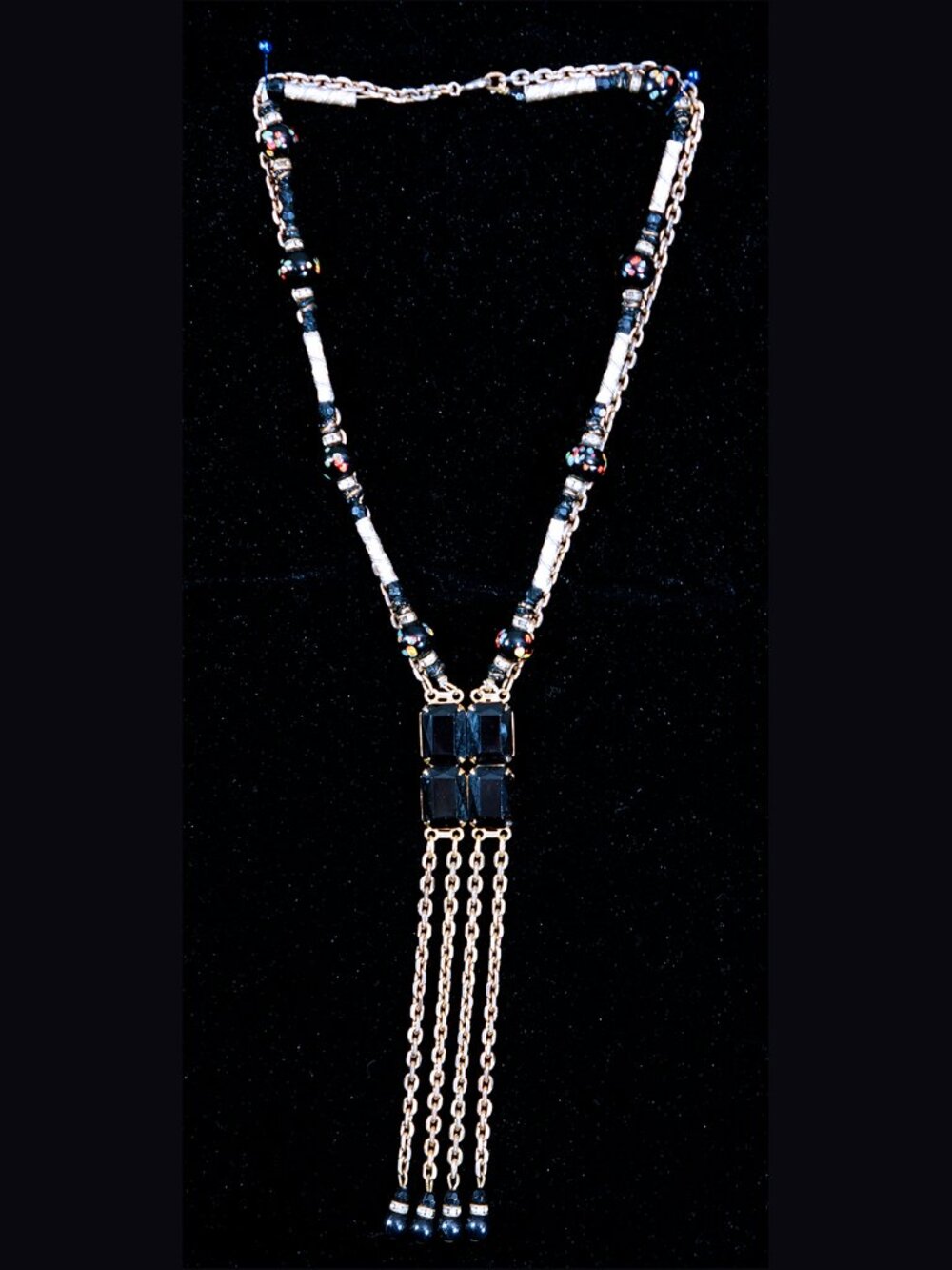 Black Vintage Dangle Necklace Black Art Deco Square Pendant, Dangling Beads 15”